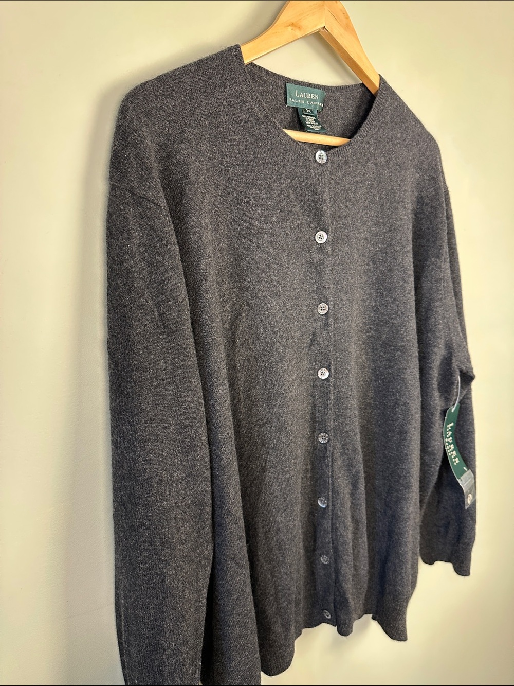 Ralph Lauren Cashmere Dark Gray Crewneck Button-Front Cardigan quiet luxury